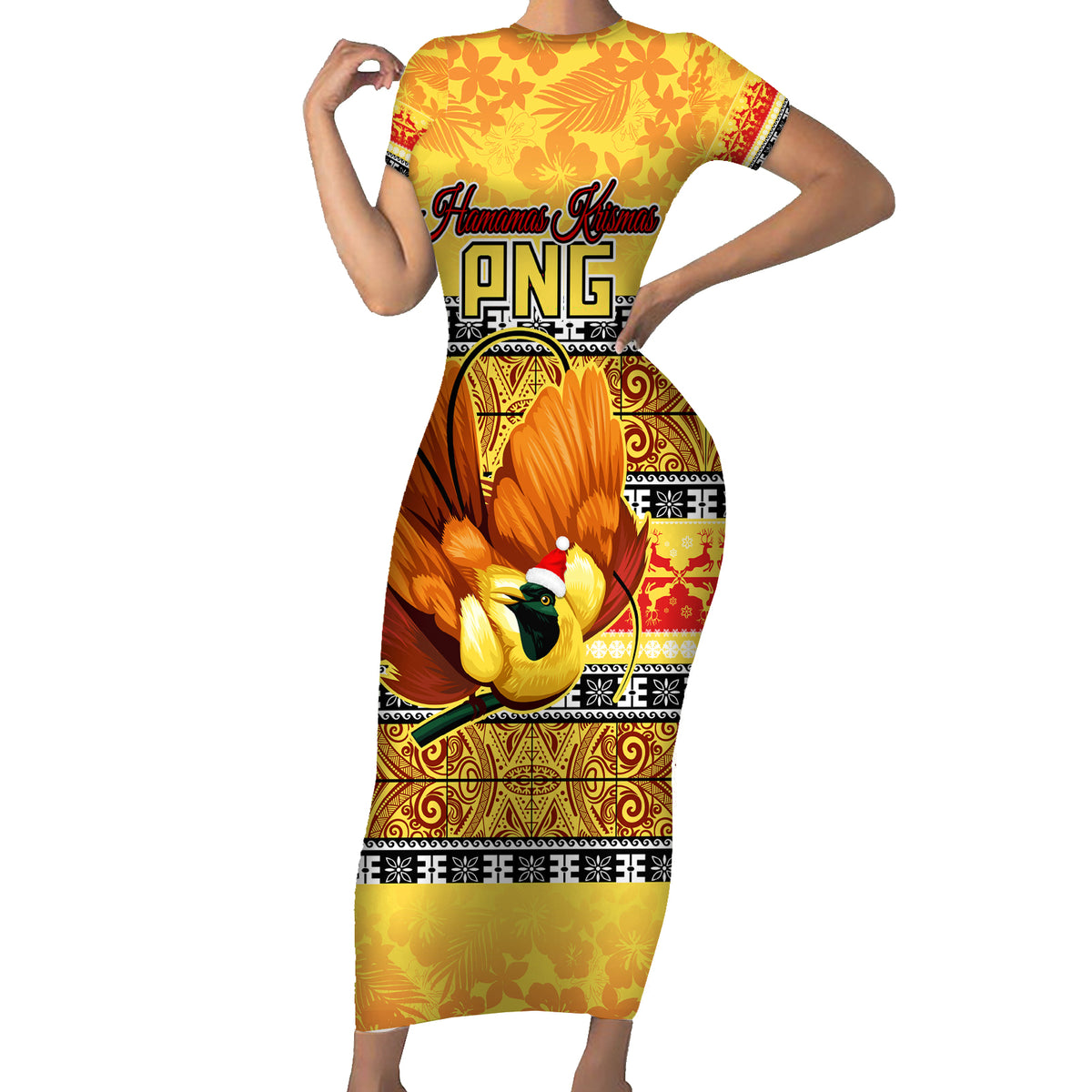 Personalised PNG Hamamas Krismas Short Sleeve Bodycon Dress Papua New Guinea Bird Of Paradise Merry Christmas Gold Style LT9 Long Dress Gold - Polynesian Pride