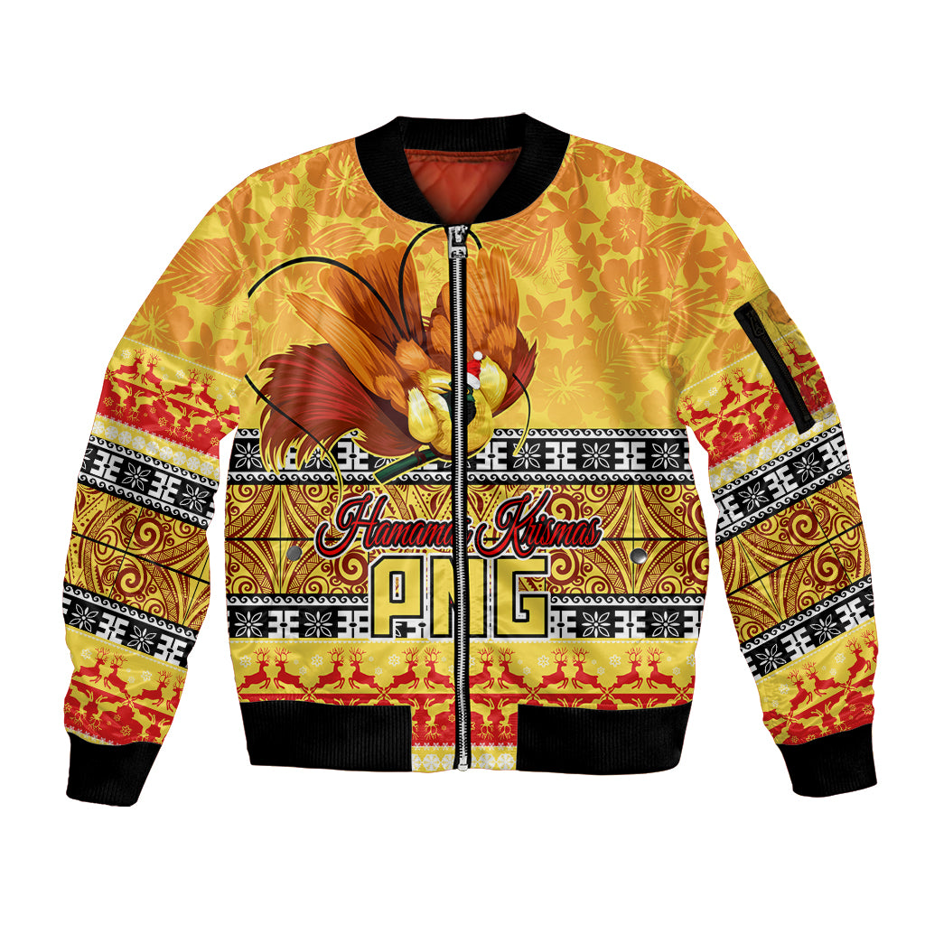 Personalised PNG Hamamas Krismas Sleeve Zip Bomber Jacket Papua New Guinea Bird Of Paradise Merry Christmas Gold Style LT9 Unisex Gold - Polynesian Pride