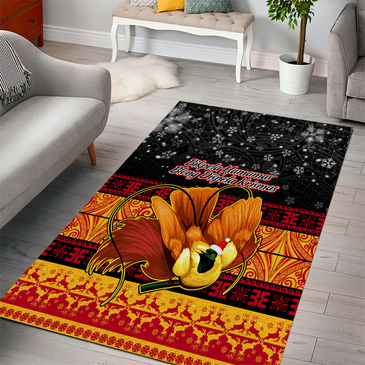PNG Hamamas Krismas Area Rug Papua New Guinea Bird Of Paradise Merry Christmas Black Style LT9 - Polynesian Pride