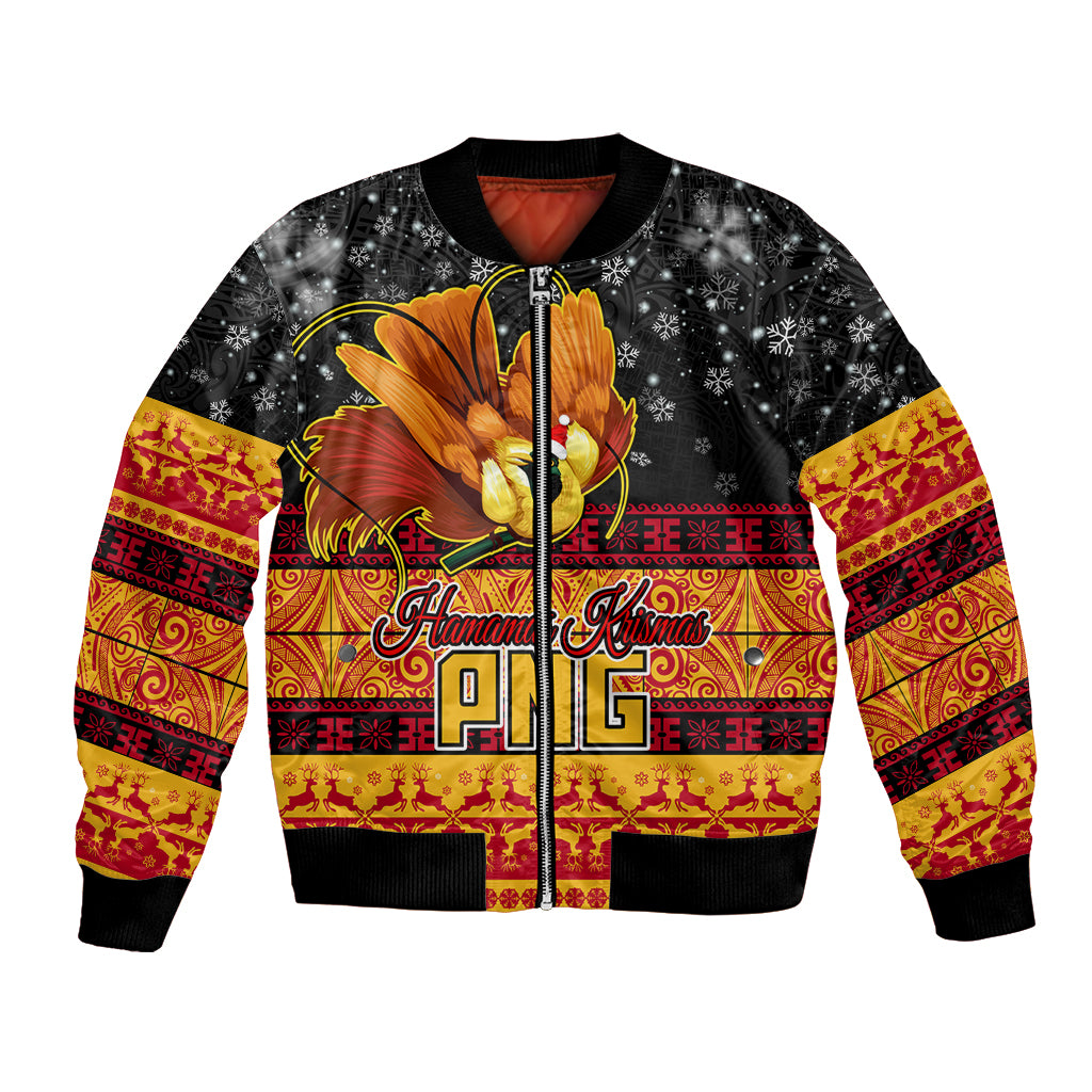 PNG Hamamas Krismas Bomber Jacket Papua New Guinea Bird Of Paradise Merry Christmas Black Style LT9 Unisex Black - Polynesian Pride