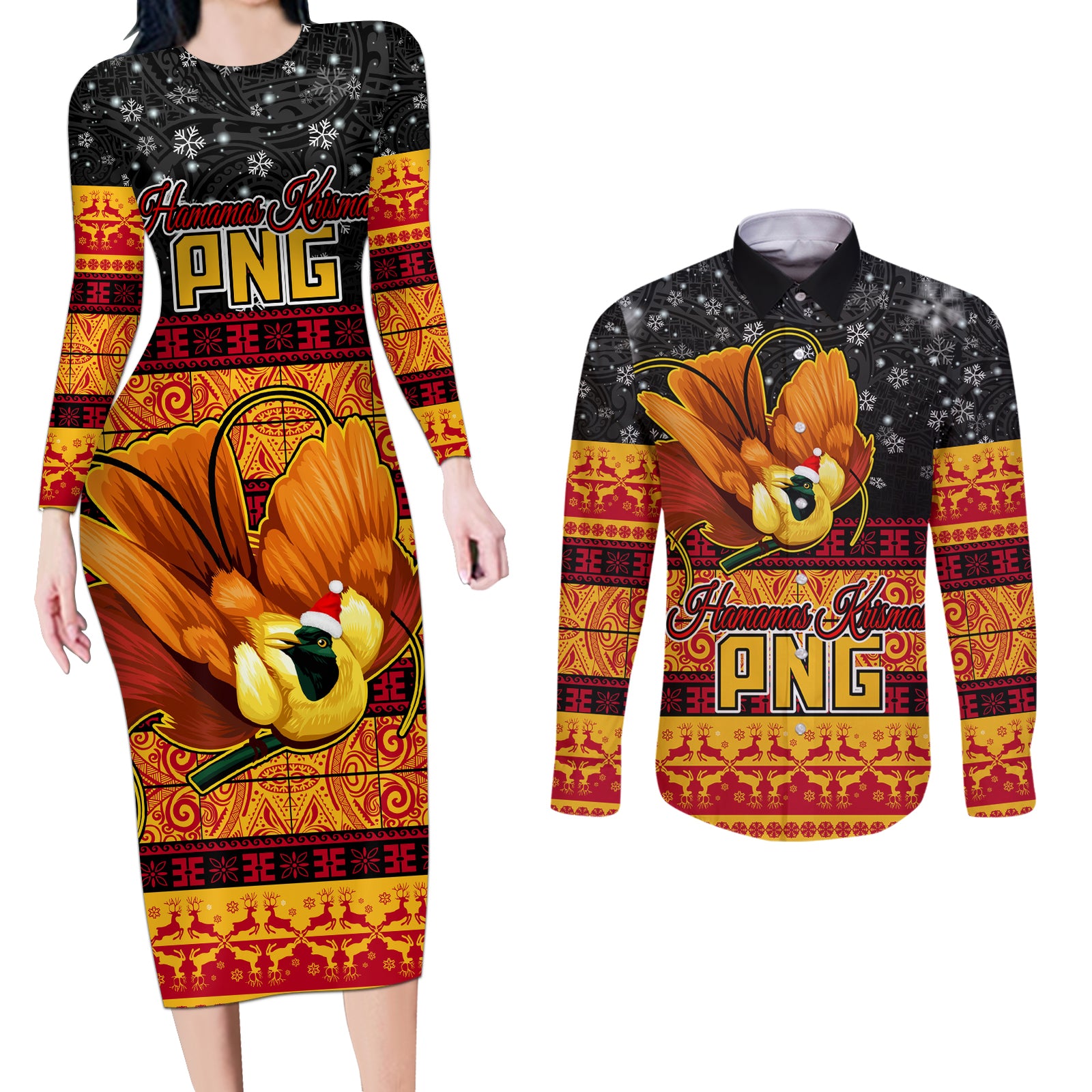 PNG Hamamas Krismas Couples Matching Long Sleeve Bodycon Dress and Long Sleeve Button Shirt Papua New Guinea Bird Of Paradise Merry Christmas Black Style LT9 Black - Polynesian Pride