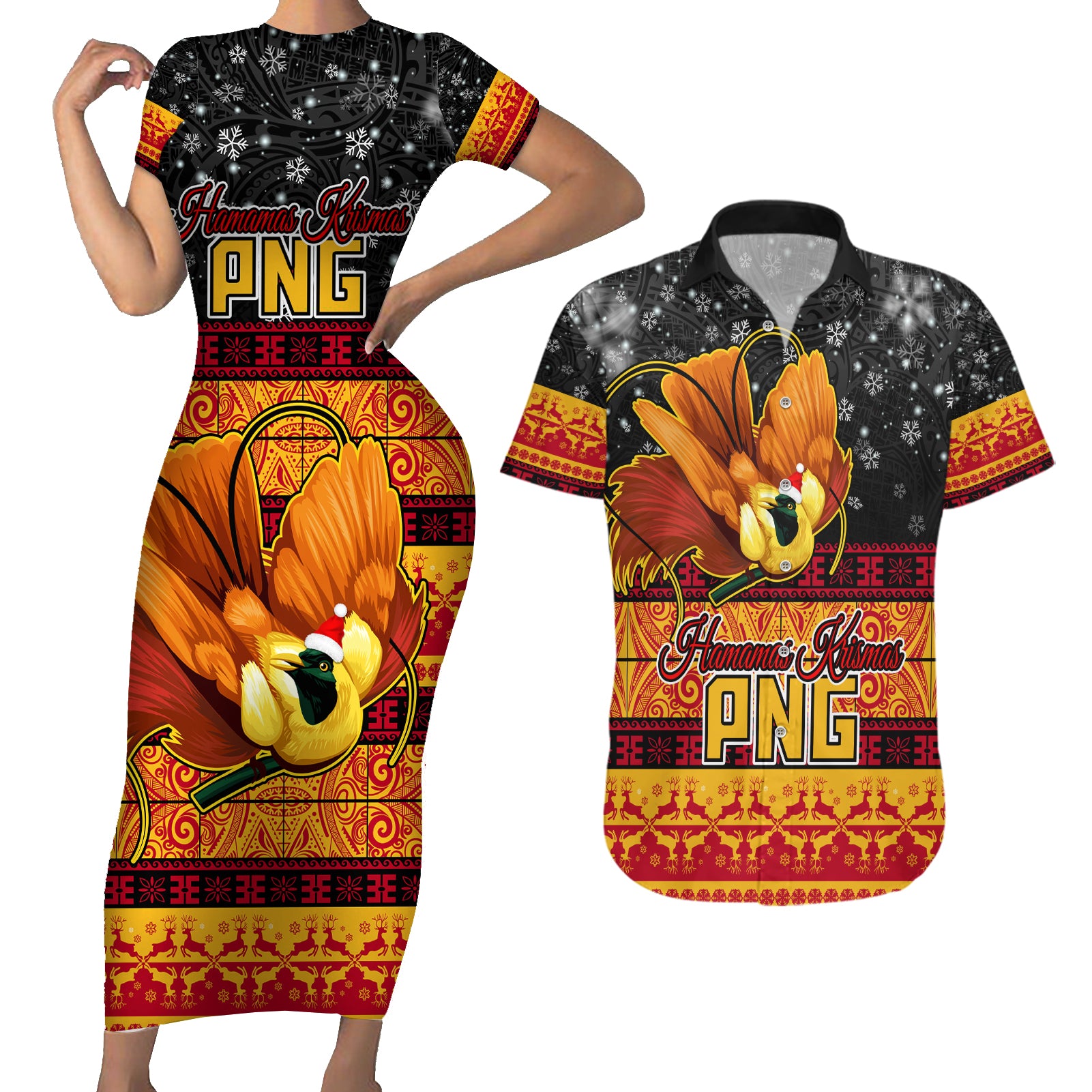 PNG Hamamas Krismas Couples Matching Short Sleeve Bodycon Dress and Hawaiian Shirt Papua New Guinea Bird Of Paradise Merry Christmas Black Style LT9 Black - Polynesian Pride