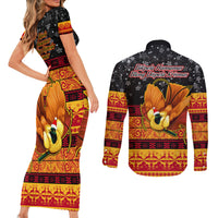 PNG Hamamas Krismas Couples Matching Short Sleeve Bodycon Dress and Long Sleeve Button Shirt Papua New Guinea Bird Of Paradise Merry Christmas Black Style LT9 - Polynesian Pride