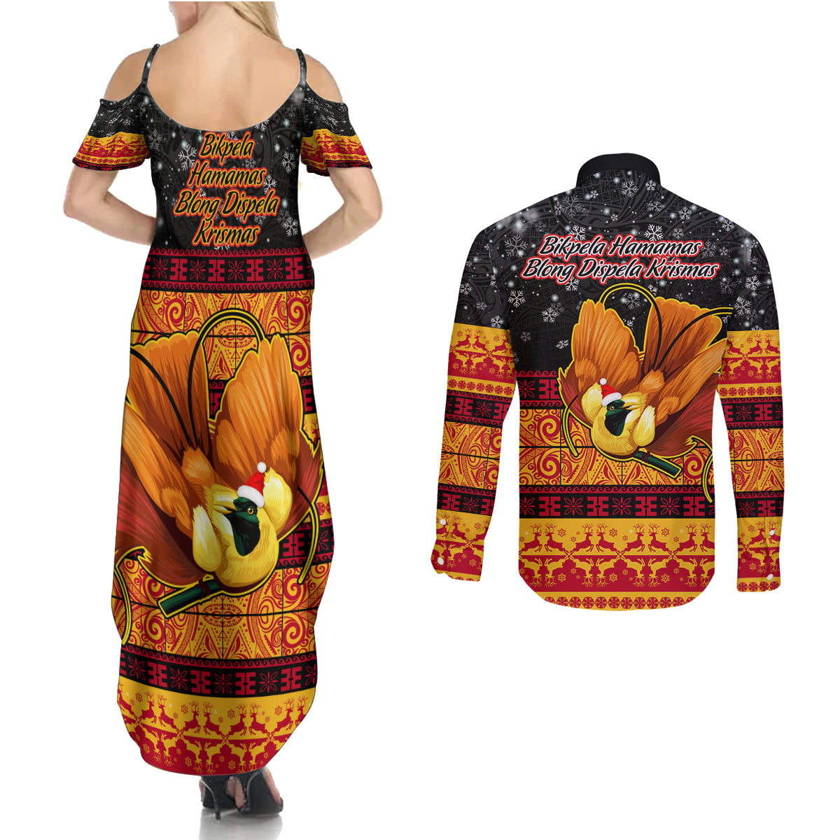PNG Hamamas Krismas Couples Matching Summer Maxi Dress and Long Sleeve Button Shirt Papua New Guinea Bird Of Paradise Merry Christmas Black Style LT9 - Polynesian Pride