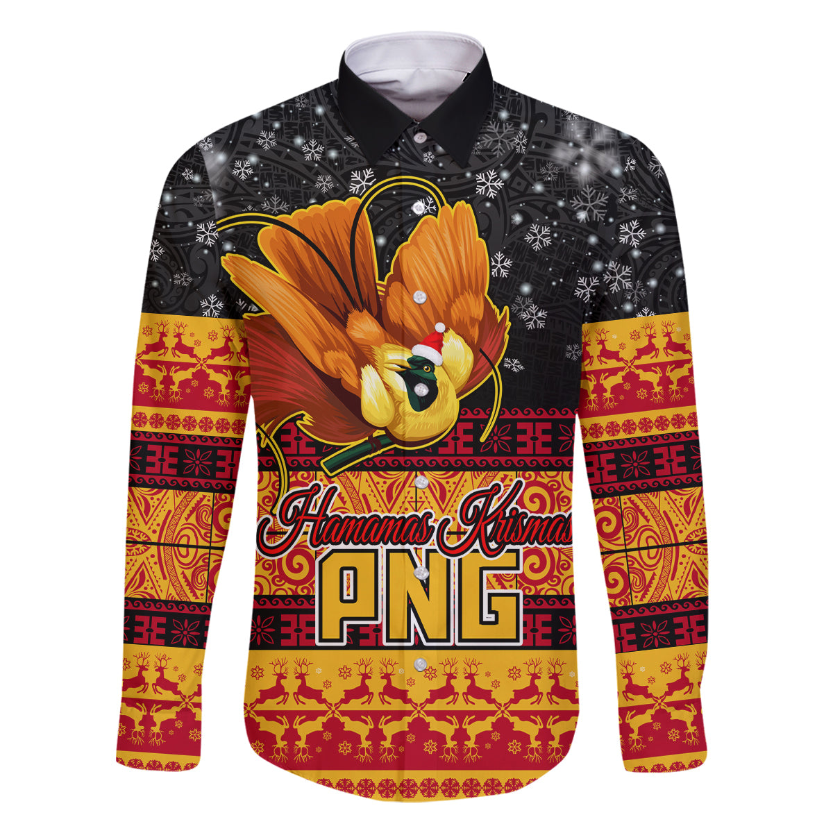 PNG Hamamas Krismas Family Matching Long Sleeve Bodycon Dress and Hawaiian Shirt Papua New Guinea Bird Of Paradise Merry Christmas Black Style LT9 Dad's Shirt - Long Sleeve Black - Polynesian Pride