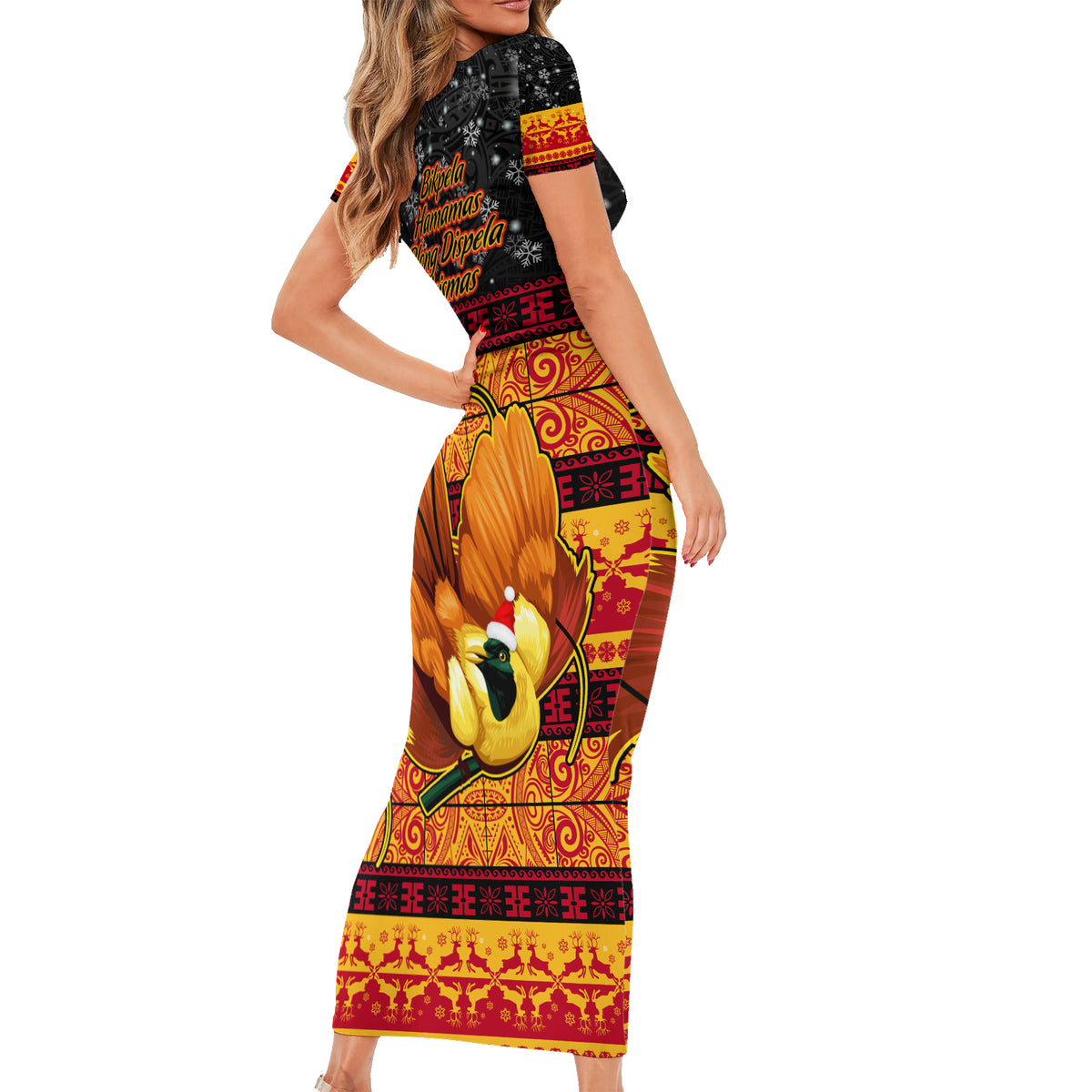 PNG Hamamas Krismas Family Matching Short Sleeve Bodycon Dress and Hawaiian Shirt Papua New Guinea Bird Of Paradise Merry Christmas Black Style LT9 - Polynesian Pride