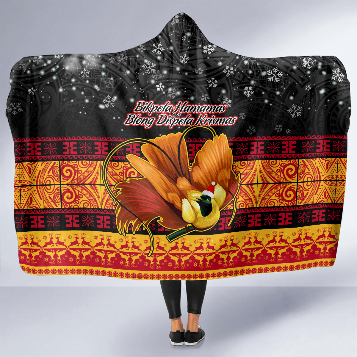 PNG Hamamas Krismas Hooded Blanket Papua New Guinea Bird Of Paradise Merry Christmas Black Style LT9 - Polynesian Pride