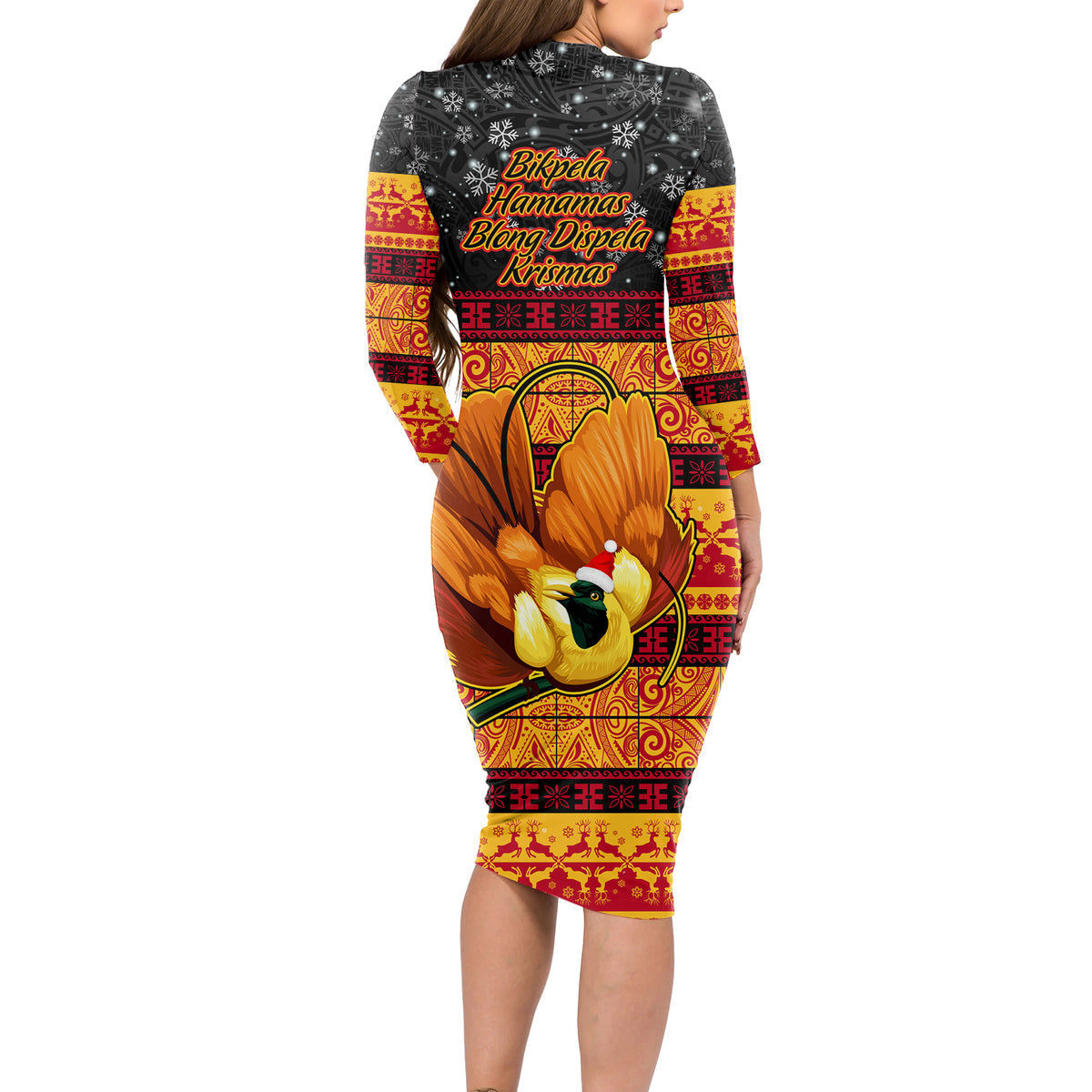 PNG Hamamas Krismas Long Sleeve Bodycon Dress Papua New Guinea Bird Of Paradise Merry Christmas Black Style LT9 - Polynesian Pride