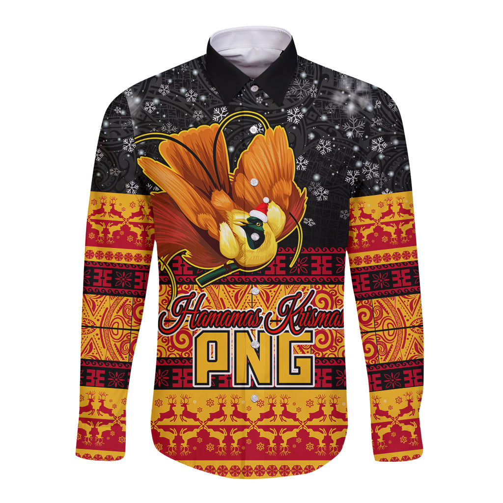 PNG Hamamas Krismas Long Sleeve Button Shirt Papua New Guinea Bird Of Paradise Merry Christmas Black Style LT9 Unisex Black - Polynesian Pride