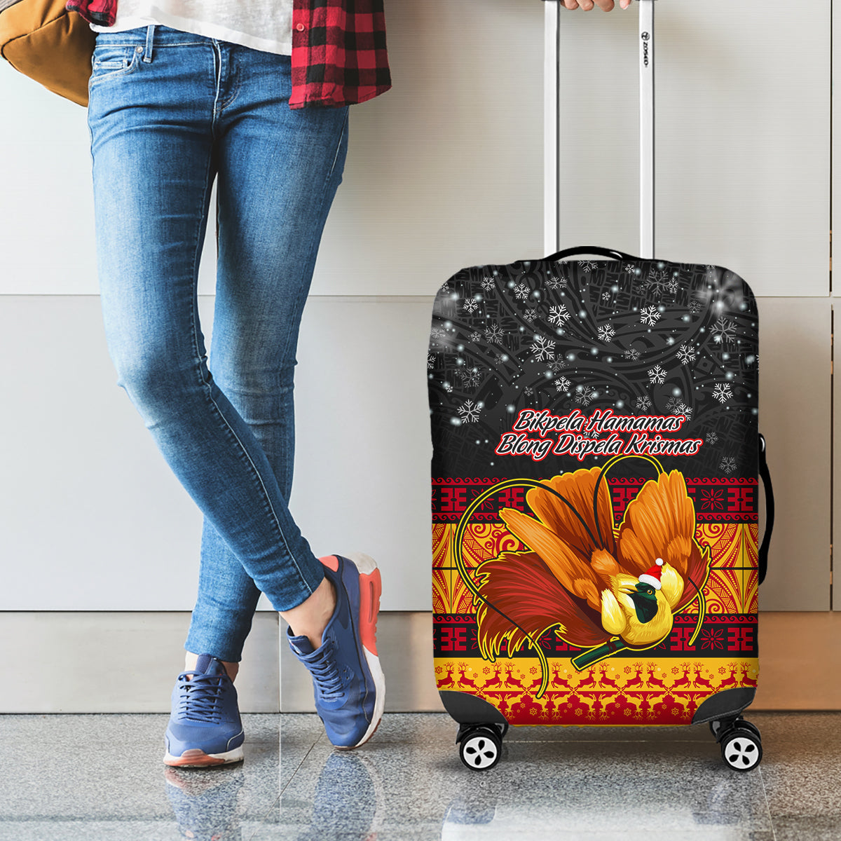 PNG Hamamas Krismas Luggage Cover Papua New Guinea Bird Of Paradise Merry Christmas Black Style LT9 - Polynesian Pride