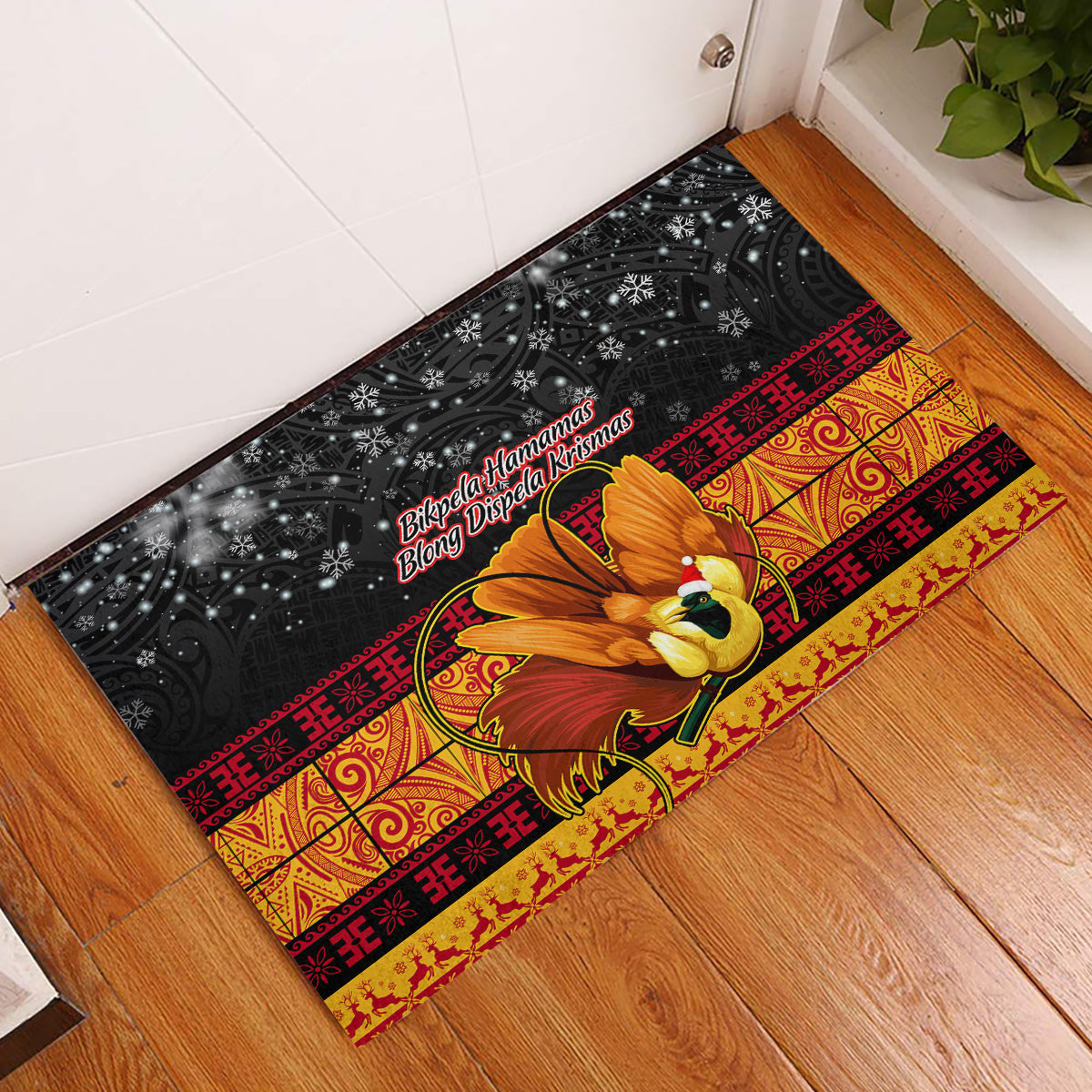 PNG Hamamas Krismas Rubber Doormat Papua New Guinea Bird Of Paradise Merry Christmas Black Style LT9 Black - Polynesian Pride