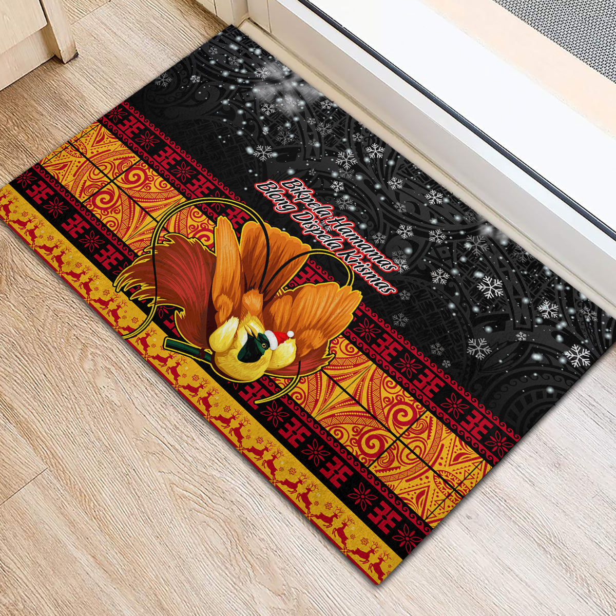 PNG Hamamas Krismas Rubber Doormat Papua New Guinea Bird Of Paradise Merry Christmas Black Style LT9 - Polynesian Pride