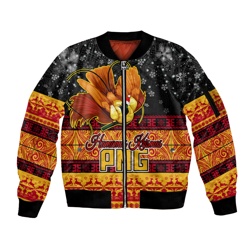 PNG Hamamas Krismas Sleeve Zip Bomber Jacket Papua New Guinea Bird Of Paradise Merry Christmas Black Style LT9 Unisex Black - Polynesian Pride