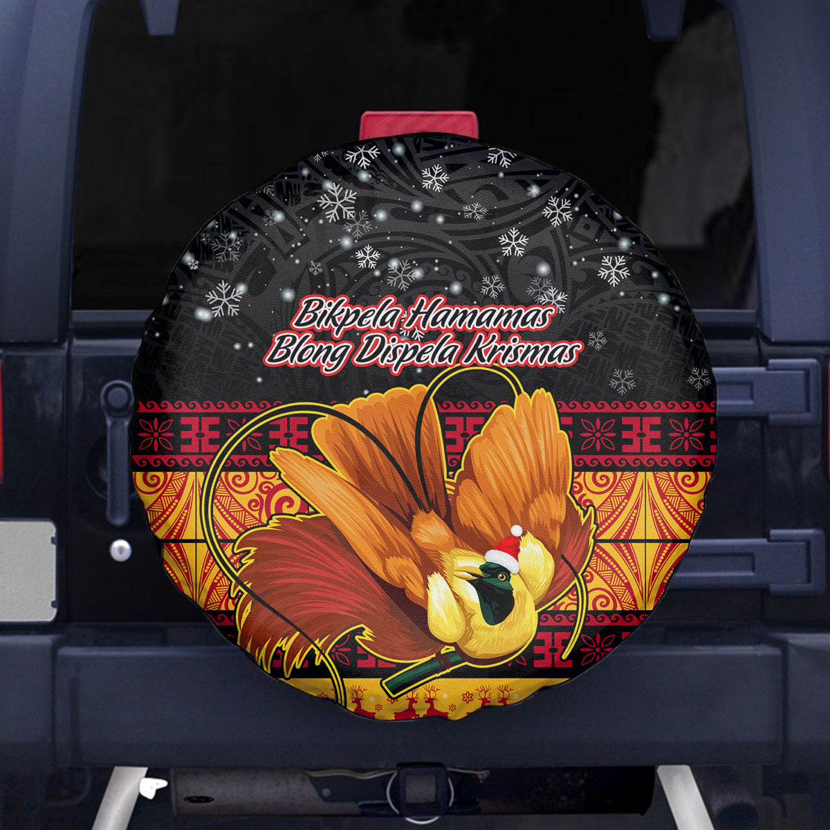 PNG Hamamas Krismas Spare Tire Cover Papua New Guinea Bird Of Paradise Merry Christmas Black Style LT9 Black - Polynesian Pride