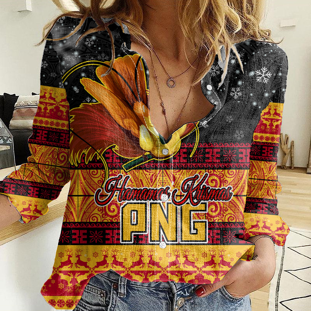 PNG Hamamas Krismas Women Casual Shirt Papua New Guinea Bird Of Paradise Merry Christmas Black Style LT9 Female Black - Polynesian Pride