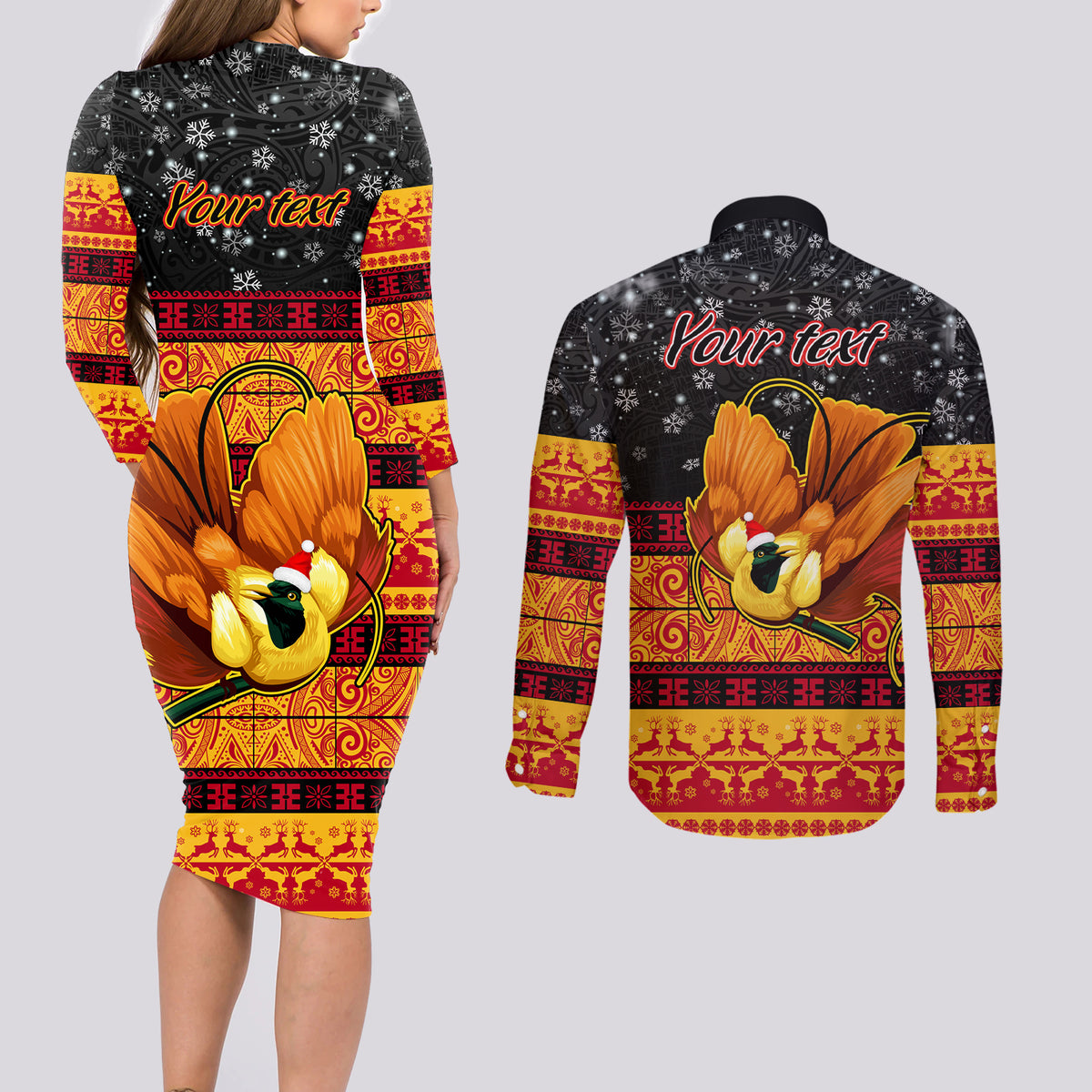 Personalised PNG Hamamas Krismas Couples Matching Long Sleeve Bodycon Dress and Long Sleeve Button Shirt Papua New Guinea Bird Of Paradise Merry Christmas Black Style LT9 - Polynesian Pride