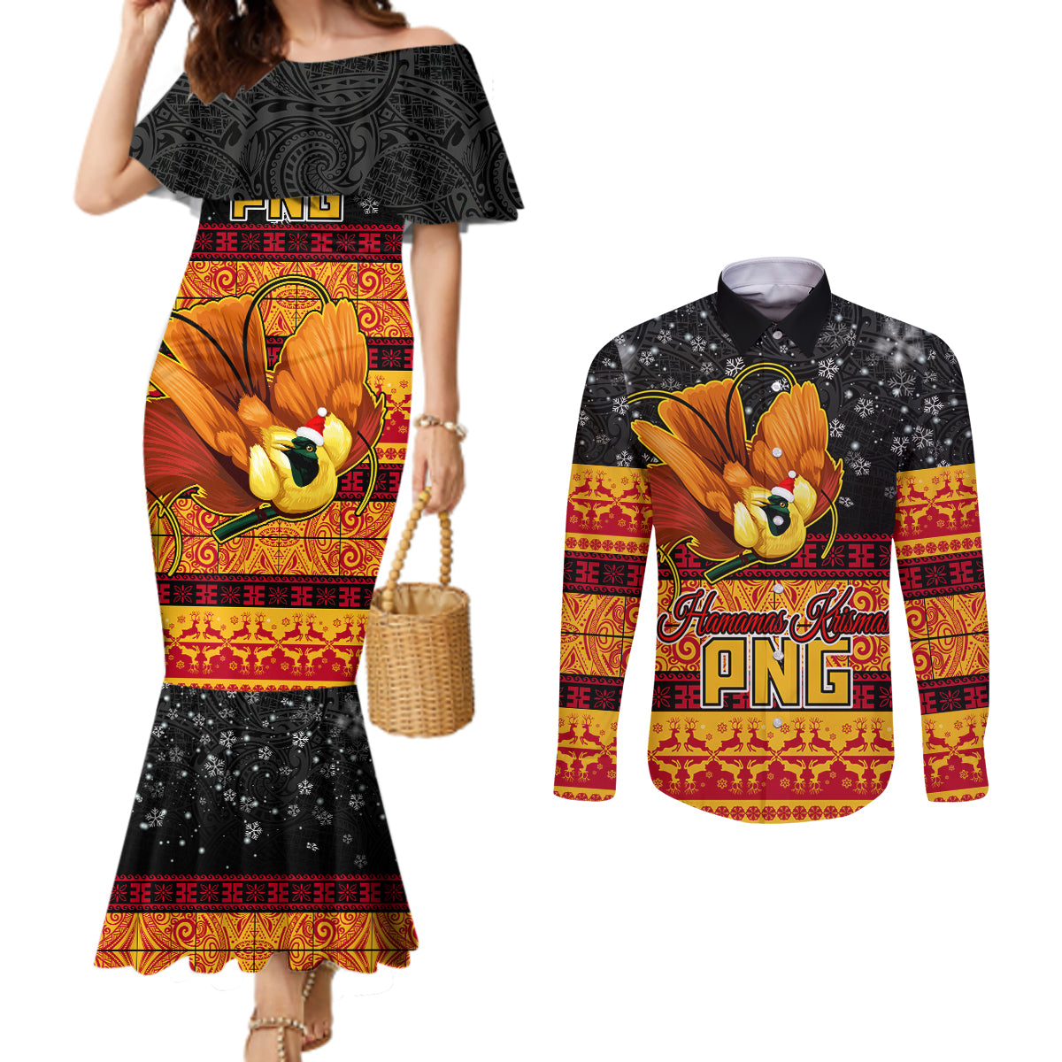 Personalised PNG Hamamas Krismas Couples Matching Mermaid Dress and Long Sleeve Button Shirt Papua New Guinea Bird Of Paradise Merry Christmas Black Style LT9 Black - Polynesian Pride