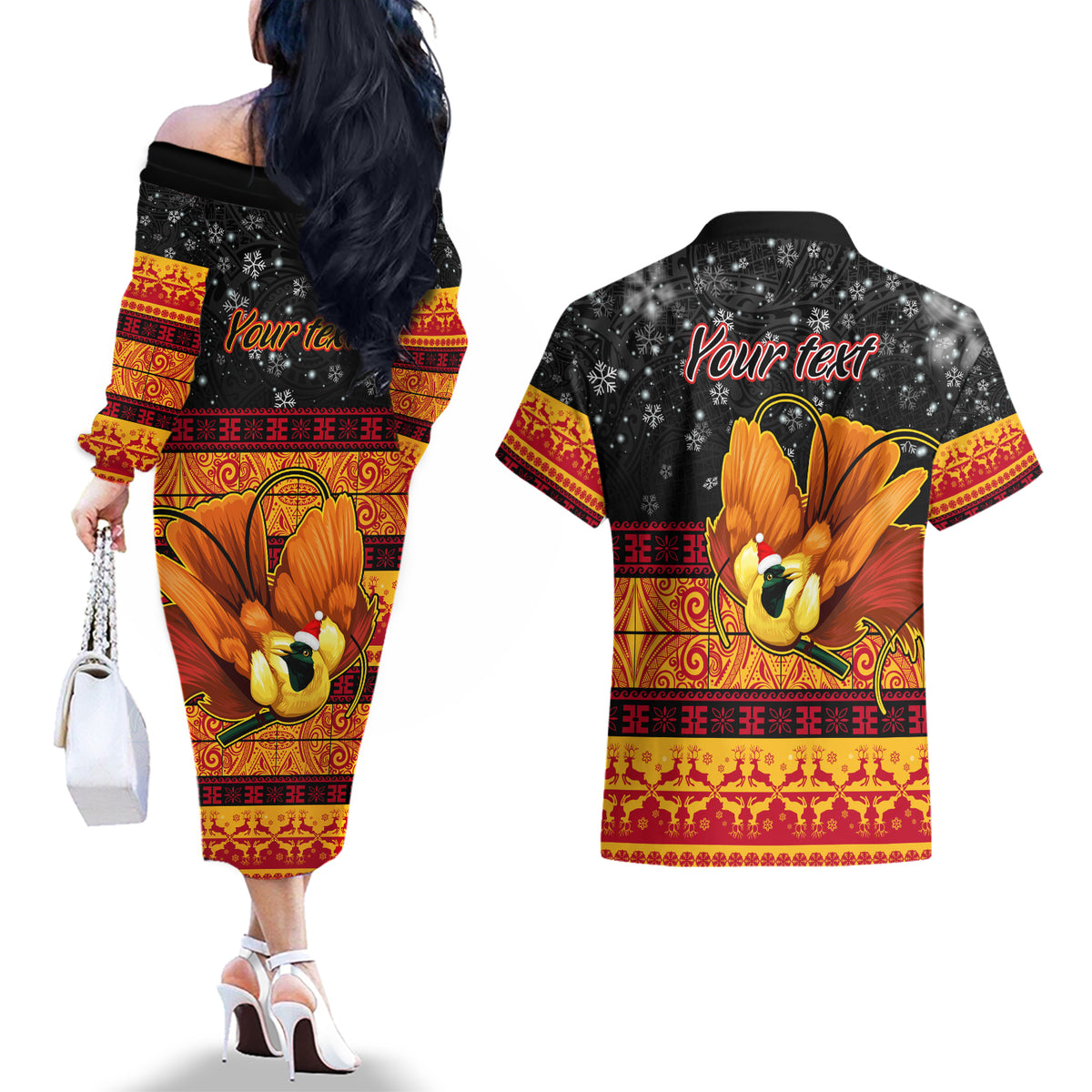 Personalised PNG Hamamas Krismas Couples Matching Off The Shoulder Long Sleeve Dress and Hawaiian Shirt Papua New Guinea Bird Of Paradise Merry Christmas Black Style LT9 - Polynesian Pride