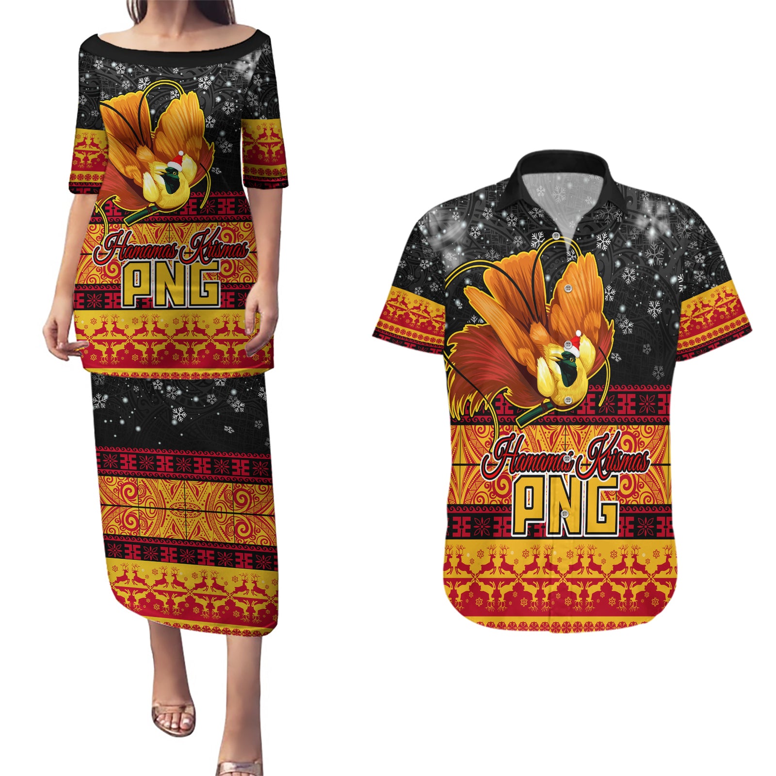 Personalised PNG Hamamas Krismas Couples Matching Puletasi Dress and Hawaiian Shirt Papua New Guinea Bird Of Paradise Merry Christmas Black Style LT9 Black - Polynesian Pride