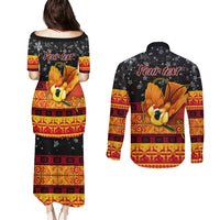 Personalised PNG Hamamas Krismas Couples Matching Puletasi Dress and Long Sleeve Button Shirt Papua New Guinea Bird Of Paradise Merry Christmas Black Style LT9 - Polynesian Pride
