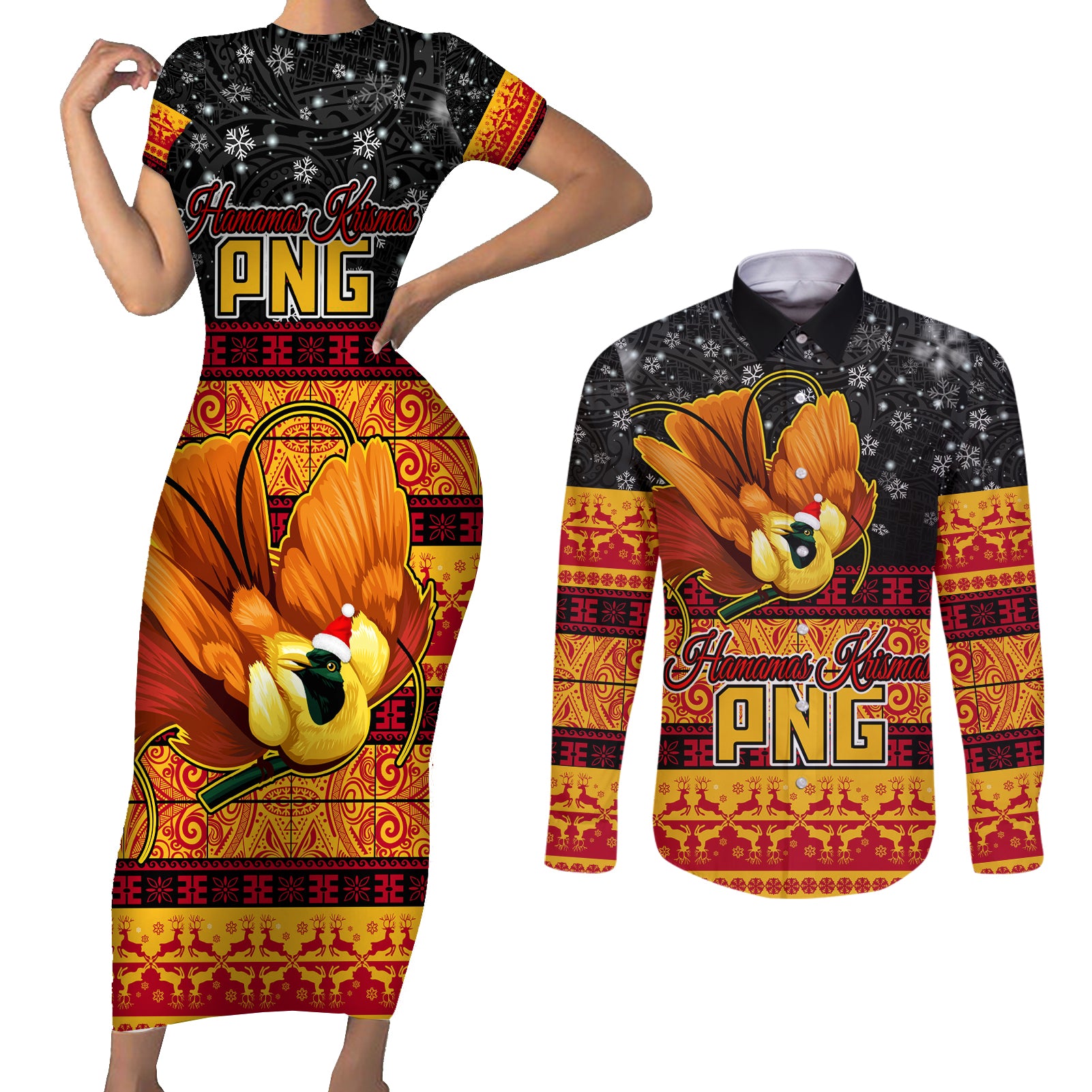 Personalised PNG Hamamas Krismas Couples Matching Short Sleeve Bodycon Dress and Long Sleeve Button Shirt Papua New Guinea Bird Of Paradise Merry Christmas Black Style LT9 Black - Polynesian Pride