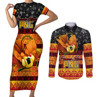 Personalised PNG Hamamas Krismas Couples Matching Short Sleeve Bodycon Dress and Long Sleeve Button Shirt Papua New Guinea Bird Of Paradise Merry Christmas Black Style LT9 Black - Polynesian Pride