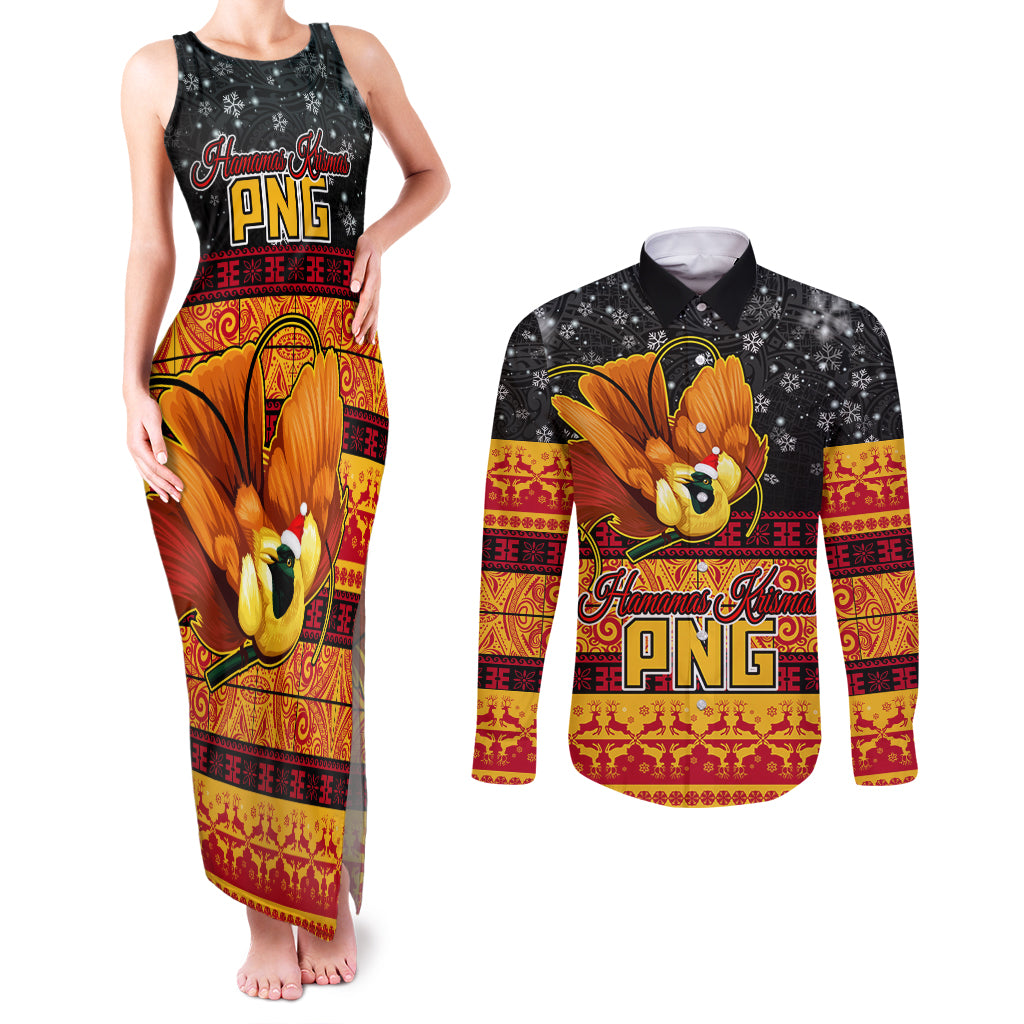 Personalised PNG Hamamas Krismas Couples Matching Tank Maxi Dress and Long Sleeve Button Shirt Papua New Guinea Bird Of Paradise Merry Christmas Black Style LT9 Black - Polynesian Pride