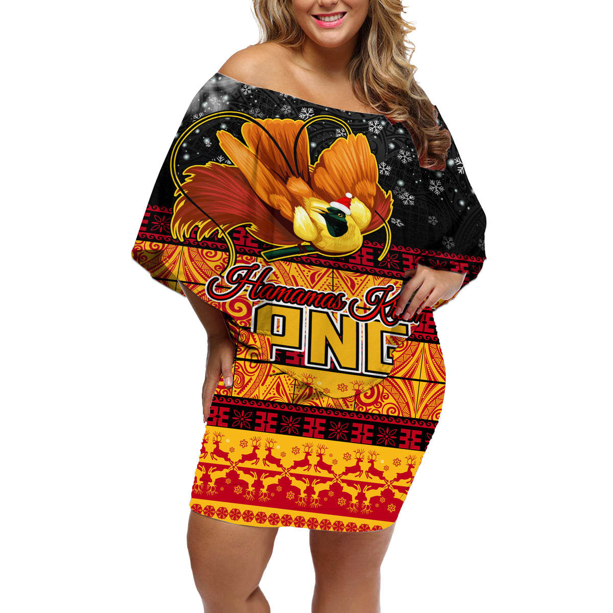 Personalised PNG Hamamas Krismas Off Shoulder Short Dress Papua New Guinea Bird Of Paradise Merry Christmas Black Style LT9 Women Black - Polynesian Pride