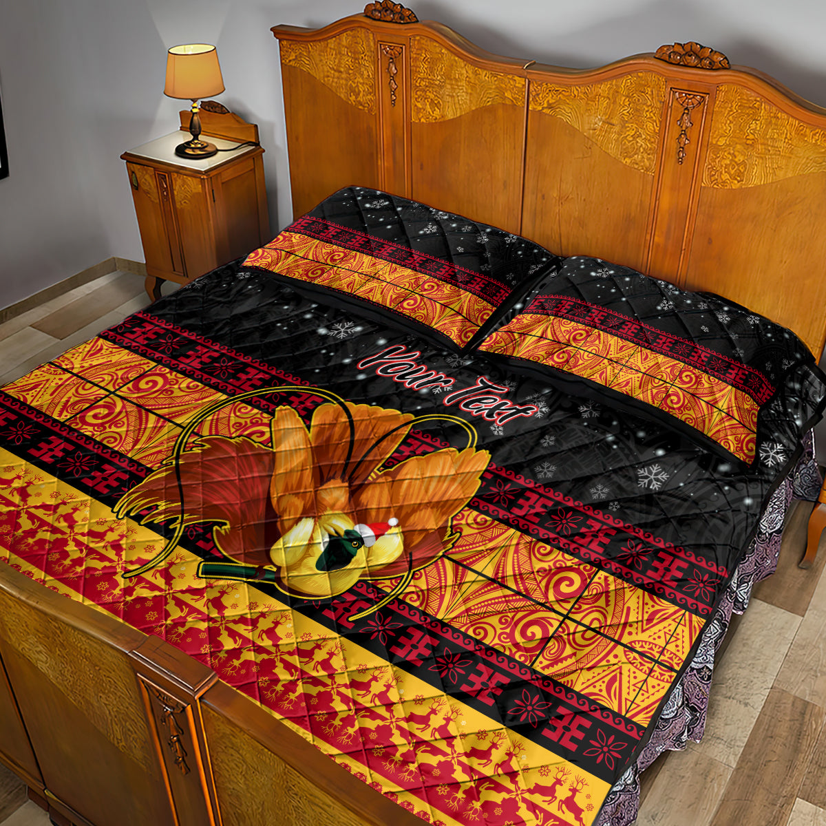 Personalised PNG Hamamas Krismas Quilt Bed Set Papua New Guinea Bird Of Paradise Merry Christmas Black Style LT9 - Polynesian Pride
