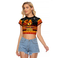 Personalised PNG Hamamas Krismas Raglan Cropped T Shirt Papua New Guinea Bird Of Paradise Merry Christmas Black Style LT9 Female Black - Polynesian Pride