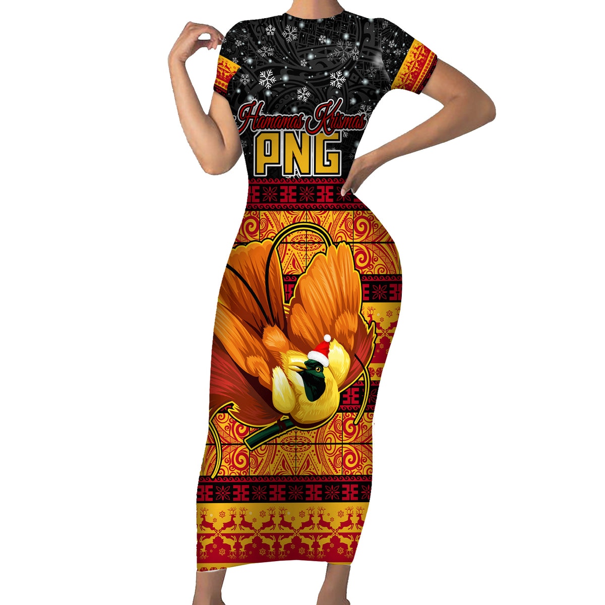 Personalised PNG Hamamas Krismas Short Sleeve Bodycon Dress Papua New Guinea Bird Of Paradise Merry Christmas Black Style LT9 Long Dress Black - Polynesian Pride