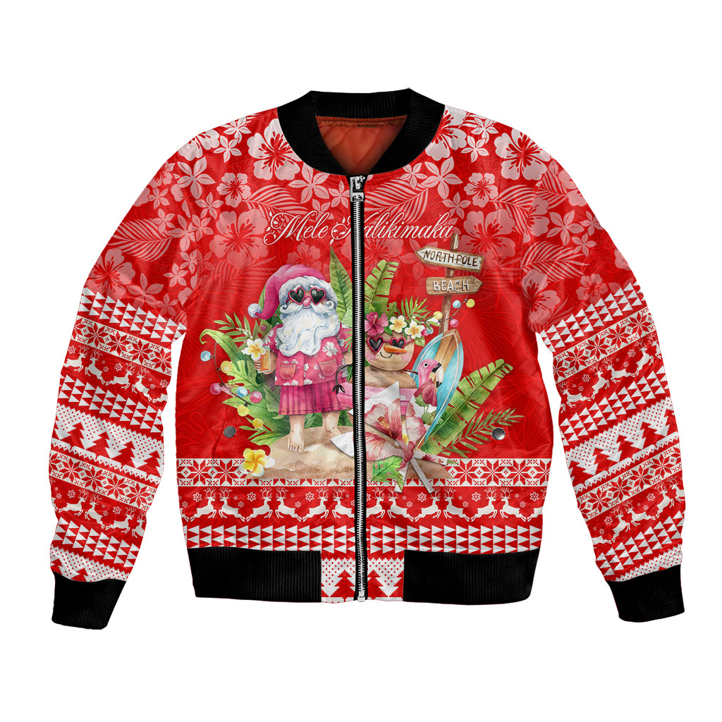 Personalised Hawaii Mele Kalikimaka Bomber Jacket Santa Beach Merry Christmas LT9 Unisex Red - Polynesian Pride
