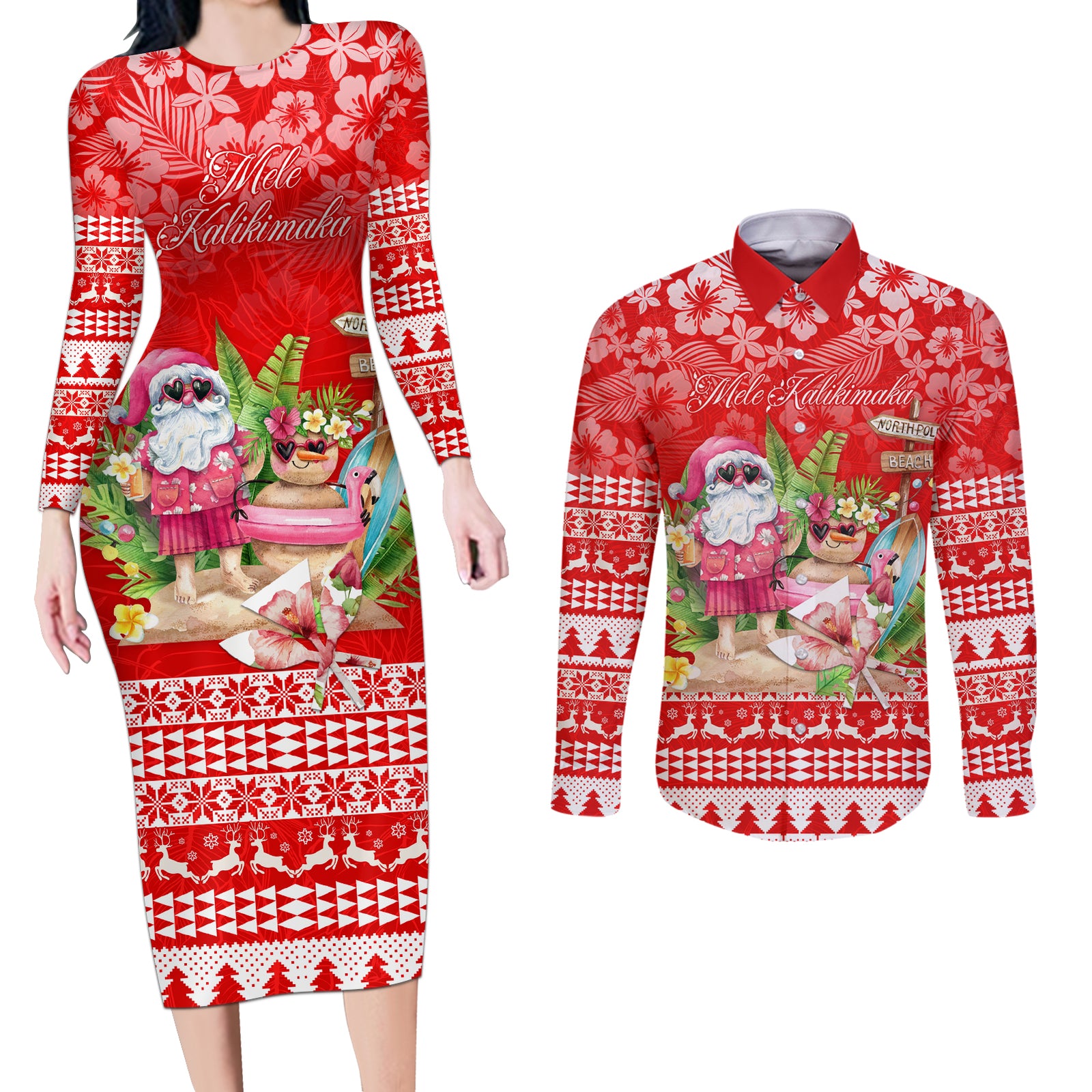 Personalised Hawaii Mele Kalikimaka Couples Matching Long Sleeve Bodycon Dress and Long Sleeve Button Shirt Santa Beach Merry Christmas LT9 Red - Polynesian Pride
