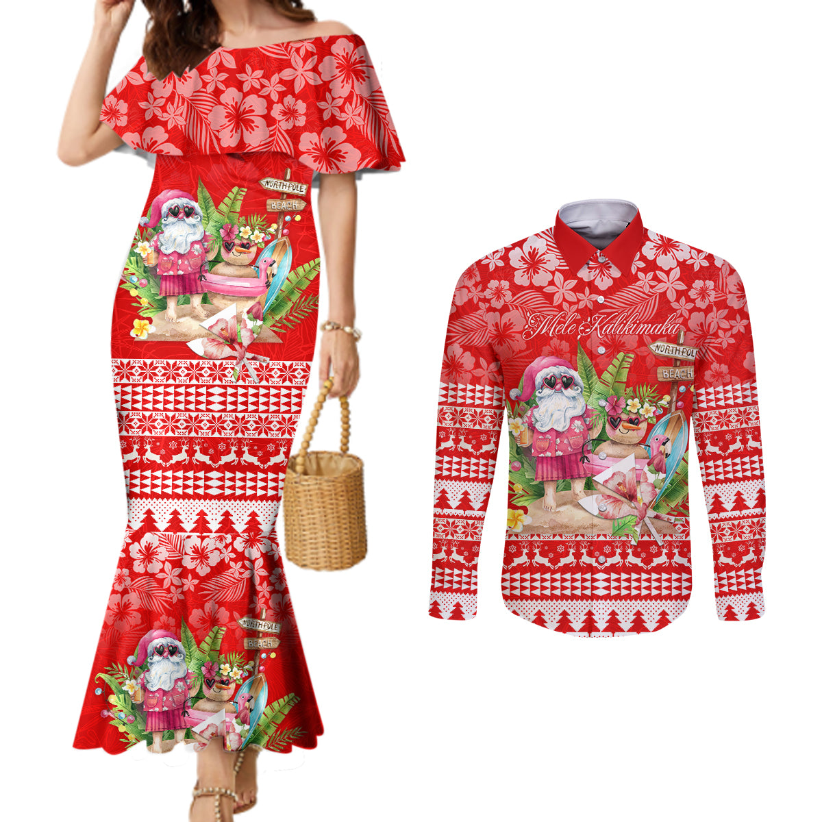 Personalised Hawaii Mele Kalikimaka Couples Matching Mermaid Dress and Long Sleeve Button Shirt Santa Beach Merry Christmas LT9 Red - Polynesian Pride