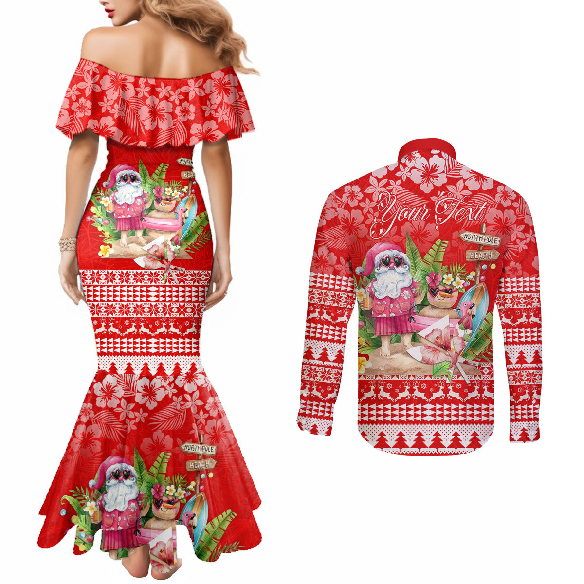 Personalised Hawaii Mele Kalikimaka Couples Matching Mermaid Dress and Long Sleeve Button Shirt Santa Beach Merry Christmas LT9 - Polynesian Pride