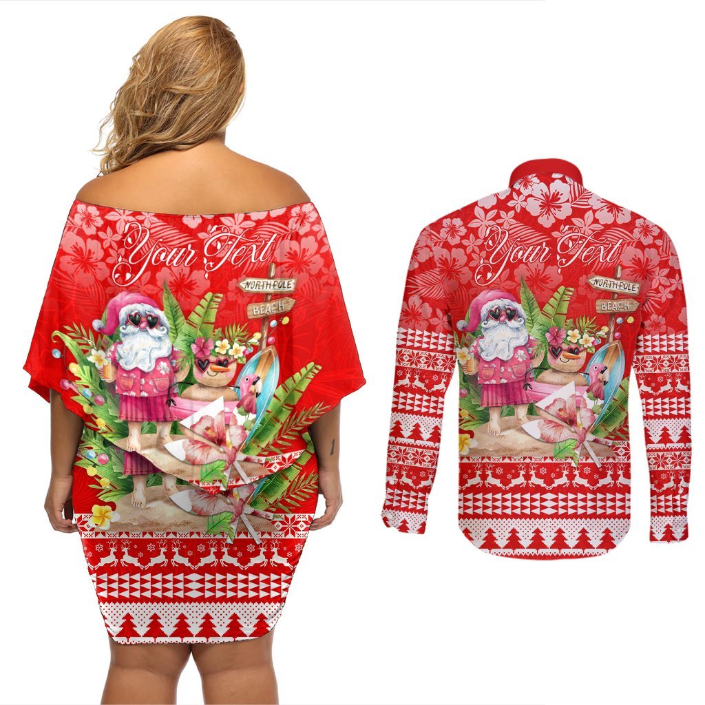Personalised Hawaii Mele Kalikimaka Couples Matching Off Shoulder Short Dress and Long Sleeve Button Shirt Santa Beach Merry Christmas LT9 - Polynesian Pride
