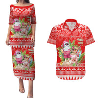 Personalised Hawaii Mele Kalikimaka Couples Matching Puletasi Dress and Hawaiian Shirt Santa Beach Merry Christmas LT9 Red - Polynesian Pride