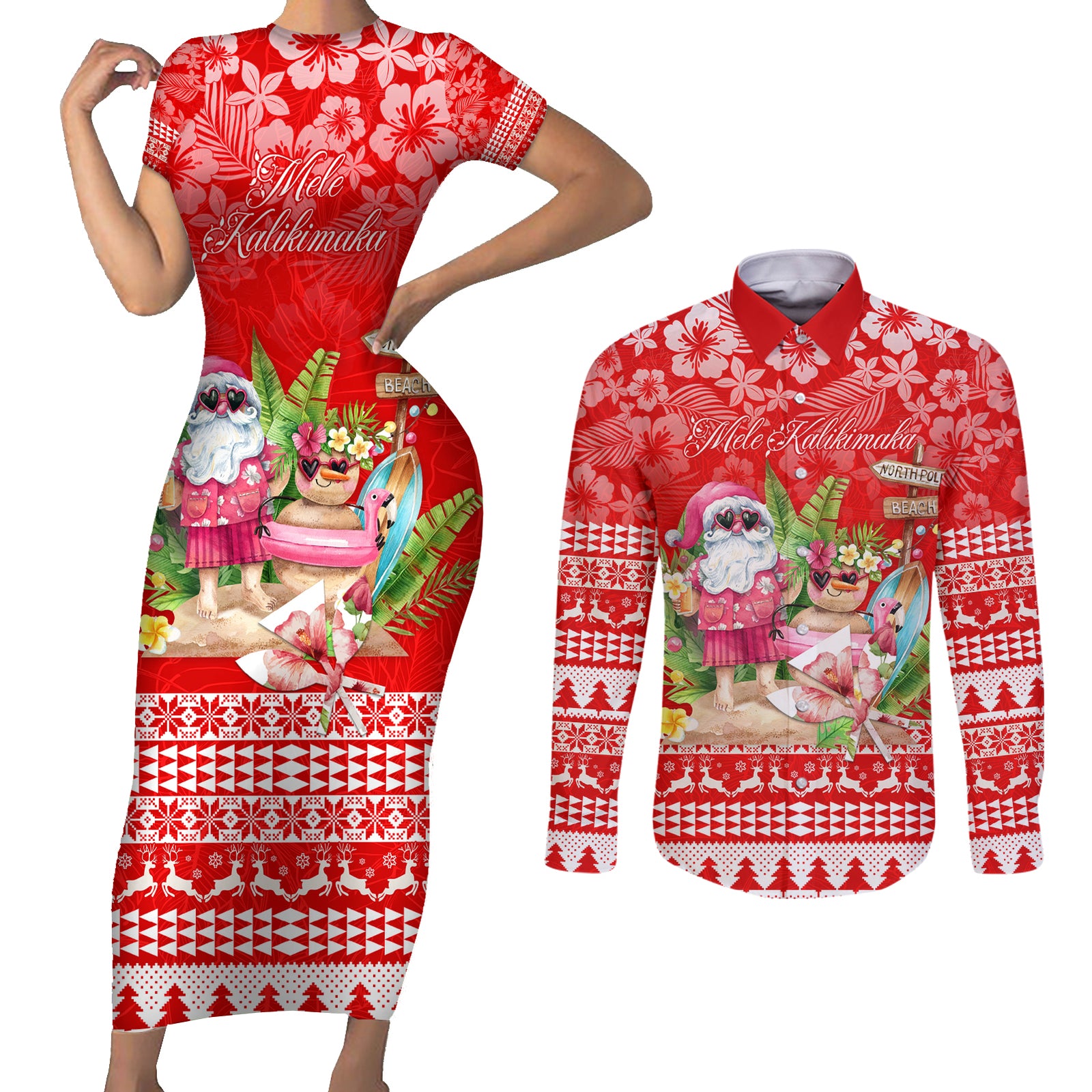 Personalised Hawaii Mele Kalikimaka Couples Matching Short Sleeve Bodycon Dress and Long Sleeve Button Shirt Santa Beach Merry Christmas LT9 Red - Polynesian Pride
