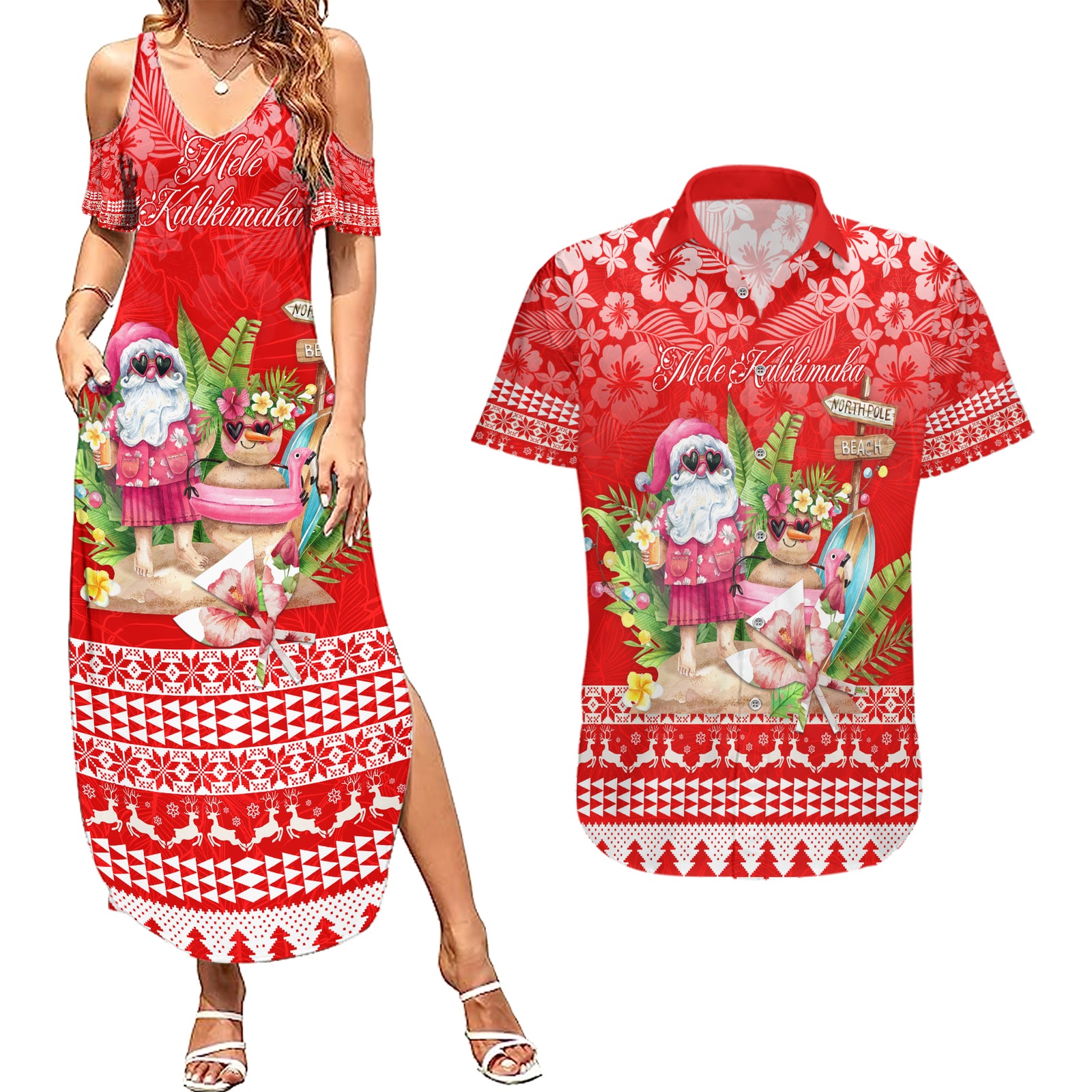 Personalised Hawaii Mele Kalikimaka Couples Matching Summer Maxi Dress and Hawaiian Shirt Santa Beach Merry Christmas LT9 Red - Polynesian Pride