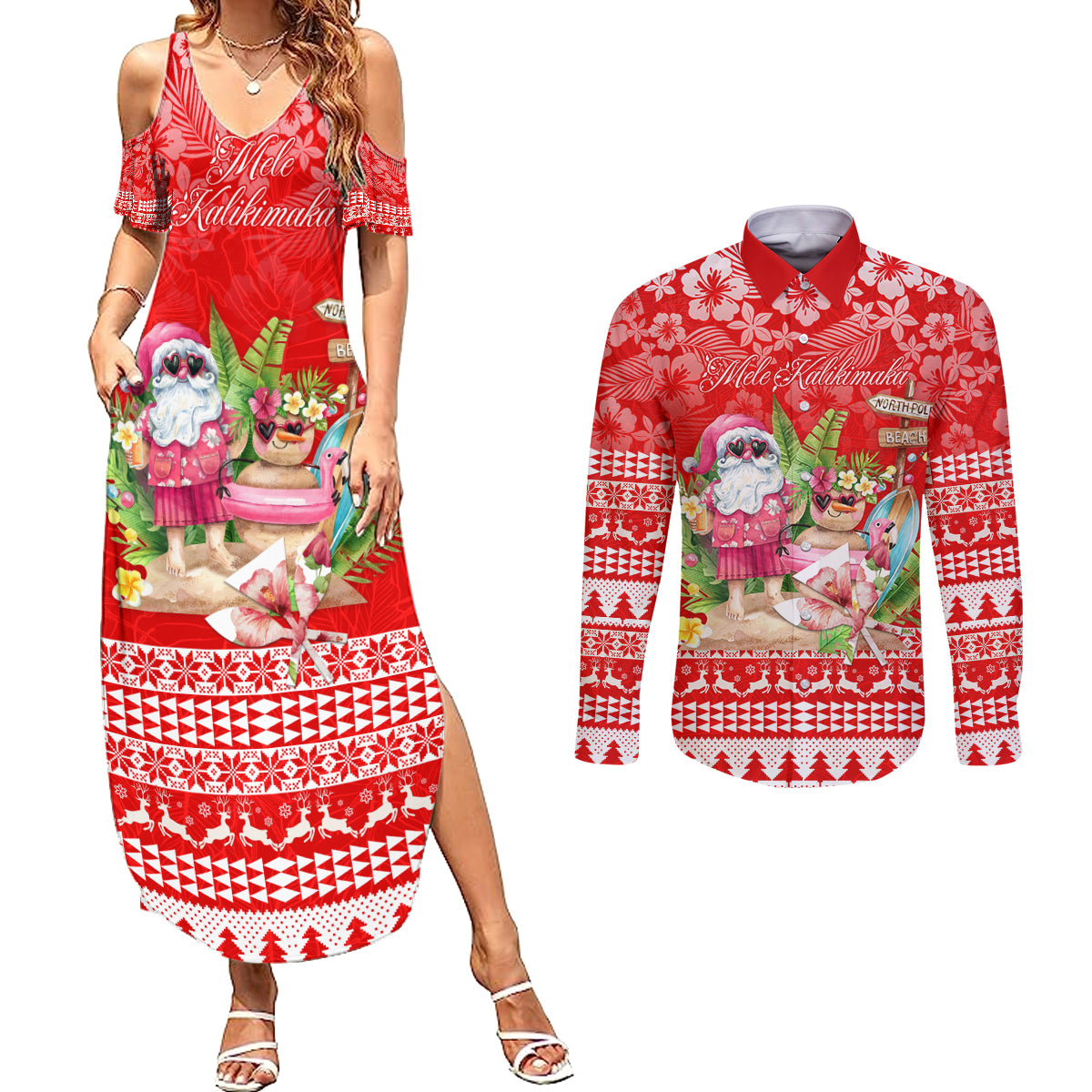 Personalised Hawaii Mele Kalikimaka Couples Matching Summer Maxi Dress and Long Sleeve Button Shirt Santa Beach Merry Christmas LT9 Red - Polynesian Pride