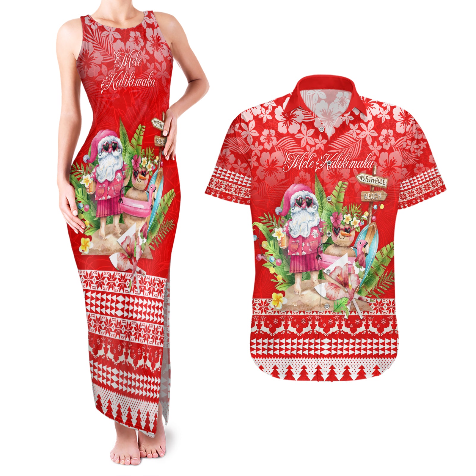 Personalised Hawaii Mele Kalikimaka Couples Matching Tank Maxi Dress and Hawaiian Shirt Santa Beach Merry Christmas LT9 Red - Polynesian Pride