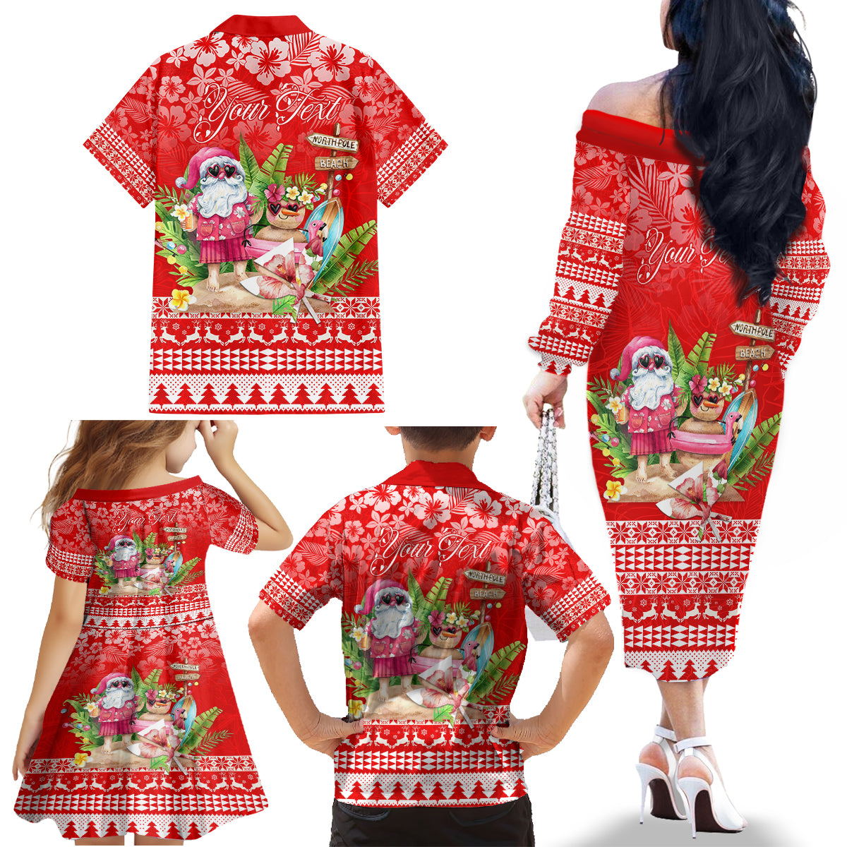 Personalised Hawaii Mele Kalikimaka Family Matching Off Shoulder Long Sleeve Dress and Hawaiian Shirt Santa Beach Merry Christmas LT9 - Polynesian Pride