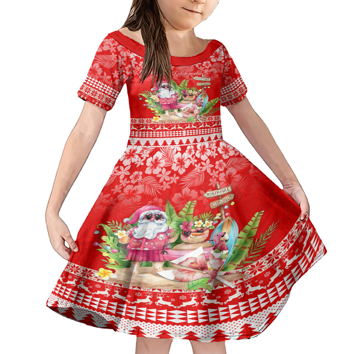 Personalised Hawaii Mele Kalikimaka Family Matching Off Shoulder Maxi Dress and Hawaiian Shirt Santa Beach Merry Christmas LT9 Daughter's Dress Red - Polynesian Pride
