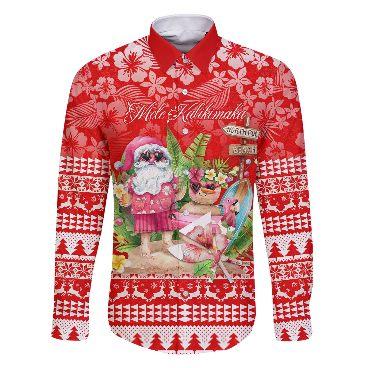 Personalised Hawaii Mele Kalikimaka Family Matching Tank Maxi Dress and Hawaiian Shirt Santa Beach Merry Christmas LT9 Dad's Shirt - Long Sleeve Red - Polynesian Pride