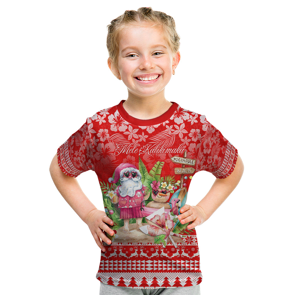 Personalised Hawaii Mele Kalikimaka Kid T Shirt Santa Beach Merry Christmas LT9 Red - Polynesian Pride