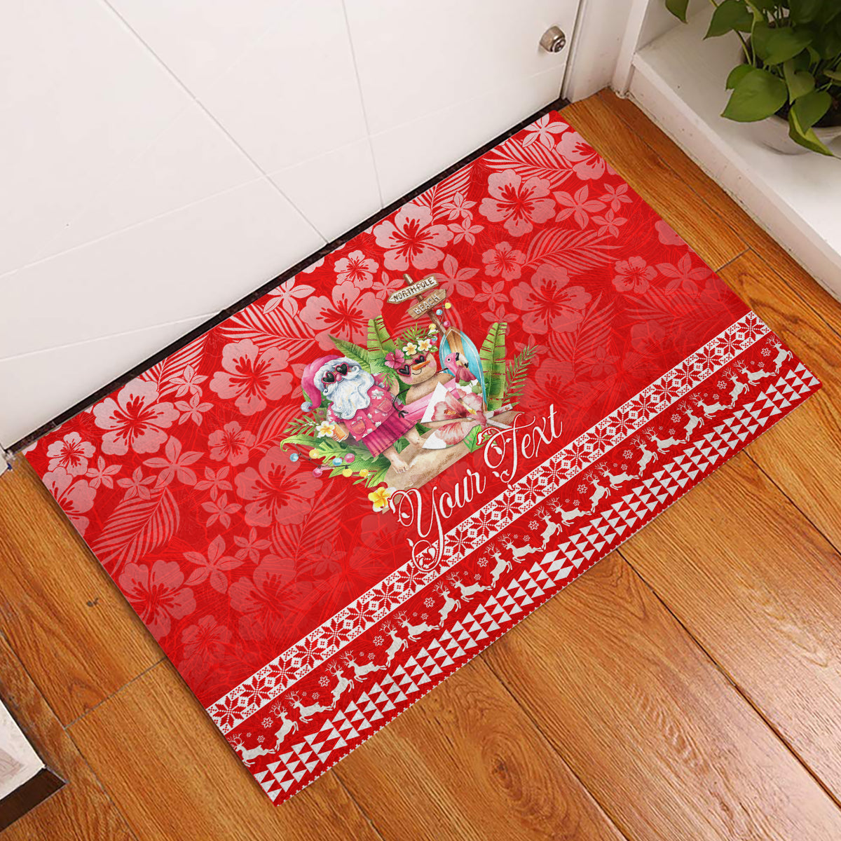 Personalised Hawaii Mele Kalikimaka Rubber Doormat Santa Beach Merry Christmas LT9 Red - Polynesian Pride