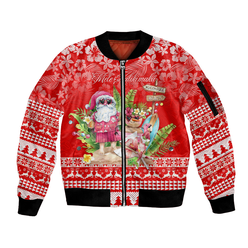 Personalised Hawaii Mele Kalikimaka Sleeve Zip Bomber Jacket Santa Beach Merry Christmas LT9 Unisex Red - Polynesian Pride
