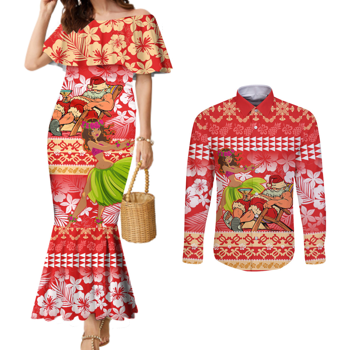 Hawaii Mele Kalikimaka Couples Matching Mermaid Dress and Long Sleeve Button Shirt Santa Claus and Hula Dancing Merry Christmas LT9 Red - Polynesian Pride