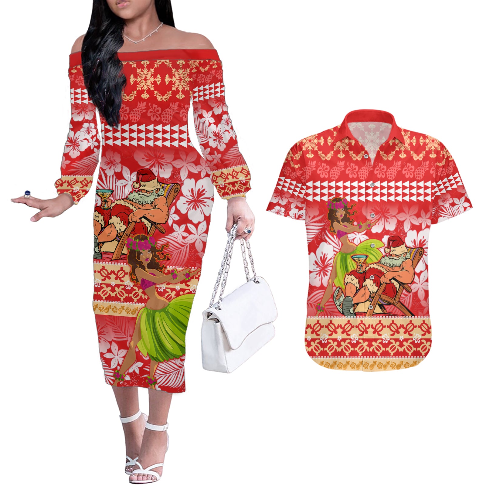 Hawaii Mele Kalikimaka Couples Matching Off The Shoulder Long Sleeve Dress and Hawaiian Shirt Santa Claus and Hula Dancing Merry Christmas LT9 Red - Polynesian Pride