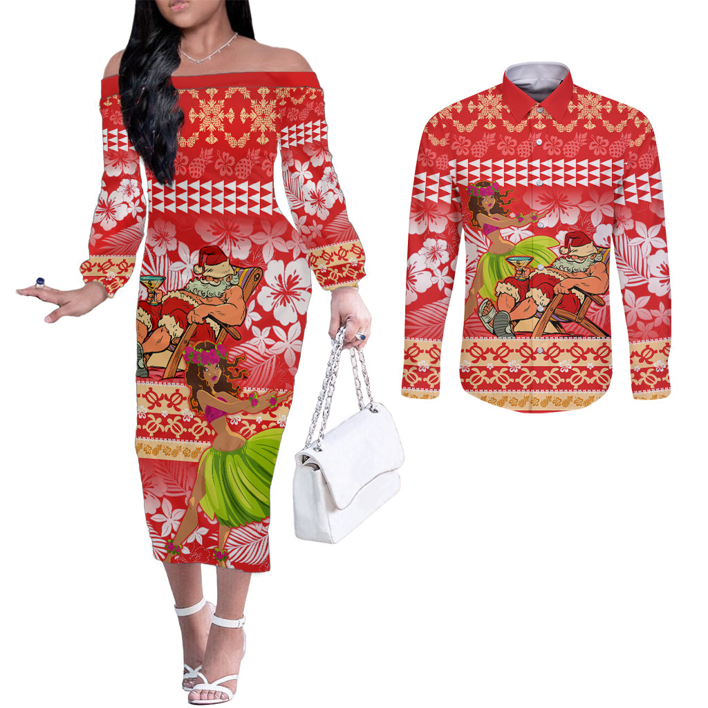 Hawaii Mele Kalikimaka Couples Matching Off The Shoulder Long Sleeve Dress and Long Sleeve Button Shirt Santa Claus and Hula Dancing Merry Christmas LT9 Red - Polynesian Pride